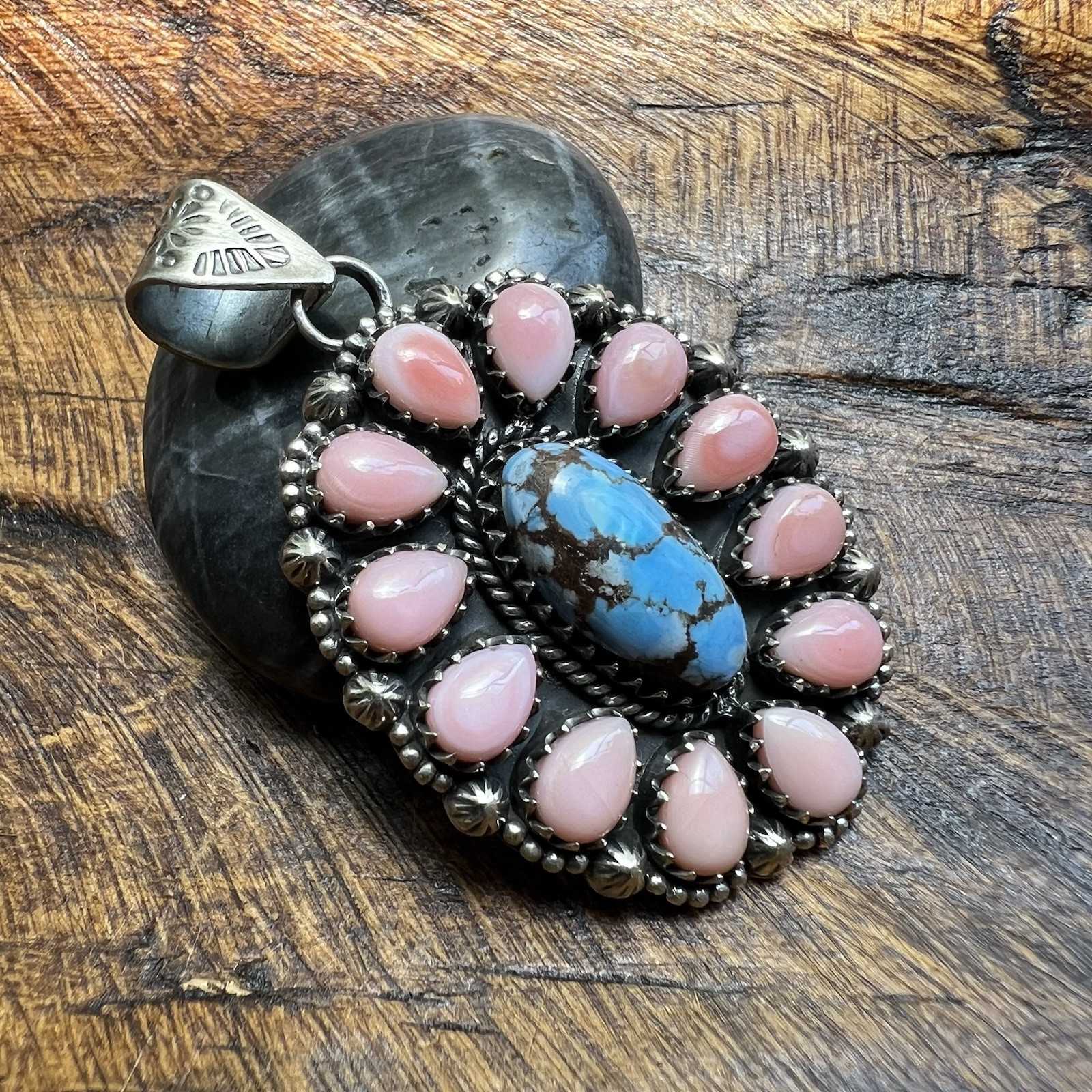 Golden Hills Turquoise Queen Conch Sterling Silver Cluster Pendant 925