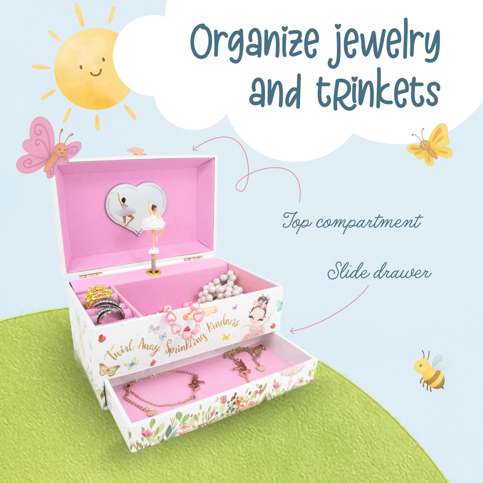 Ballerina Musical Jewelry Box with Storage Organizer for Kids Ages 6-12 MDF Wood