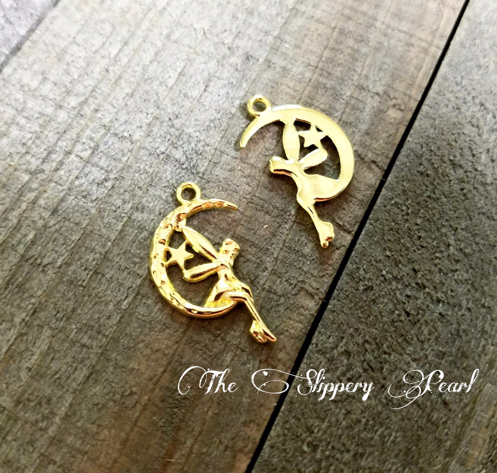 4 Fairy Charms Shiny Gold Tone Fairy Tale Findings Moon Pendants Fantasy