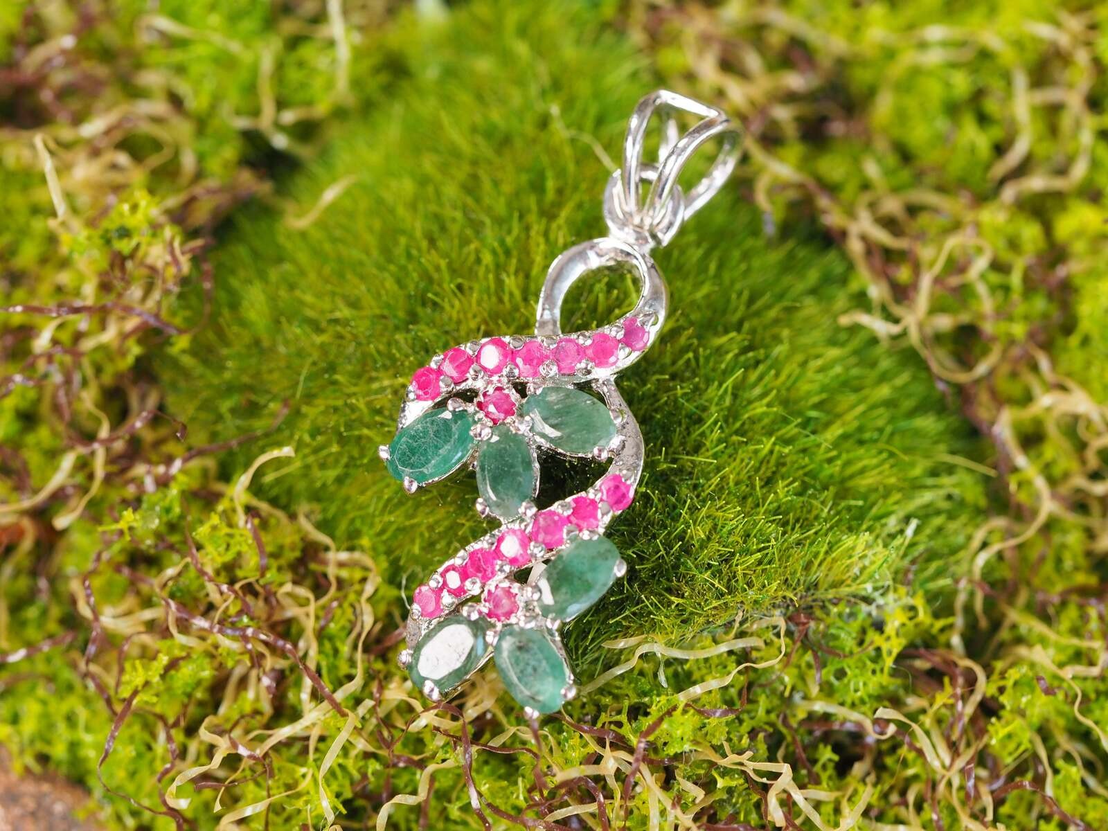 Sterling Silver Green & Red Gemstone Floral Vine Pendant