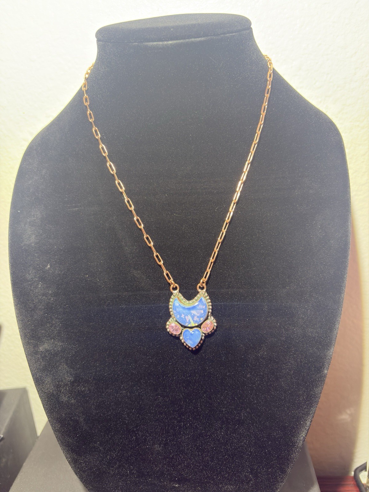 Copper Chain Necklace With Blue Crescent Moon Heart Doublet Opal & Cz Pendant