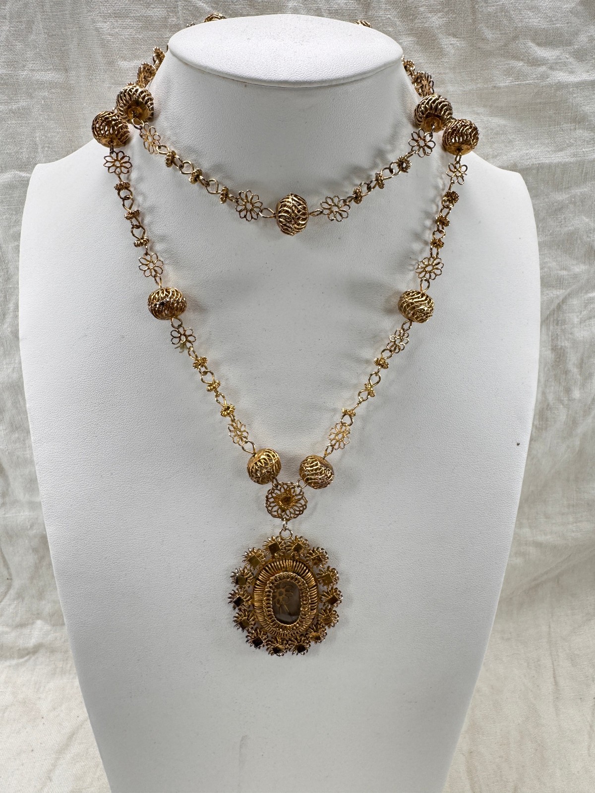 Philippines Tambourine Reliquary Gilt Copper Filigree Pendant Necklace Rosary