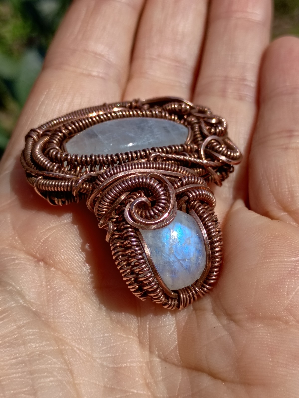 Moonstone Mushroom Pendant Copper Wirewrap Eyeball Handmade