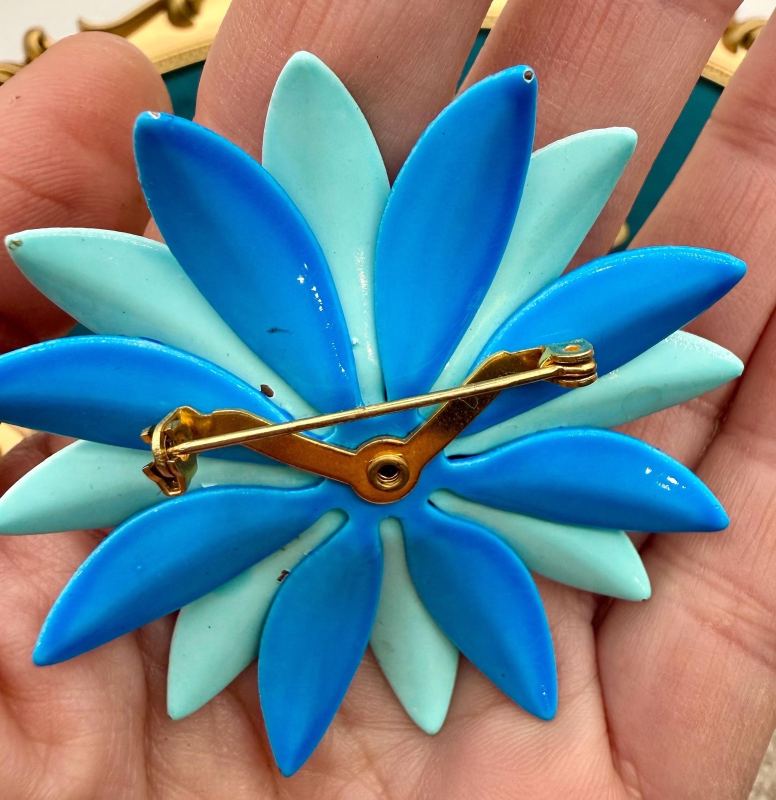 Vintage Enamel Daisy Brooch, Turquoise Cobalt Mod Floral Pin