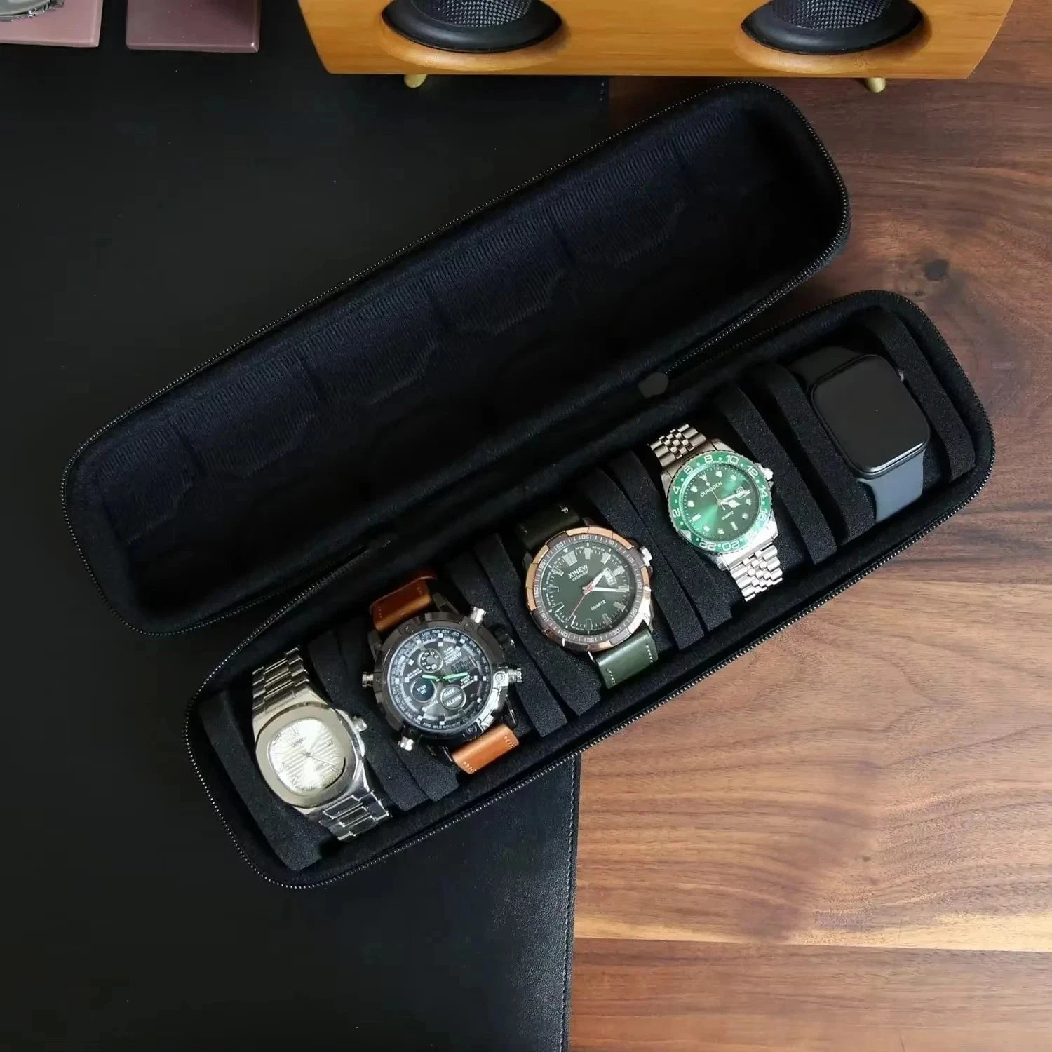 Watch Collection Case for 5 Timepieces Compact Travel Storage with Zip Closure