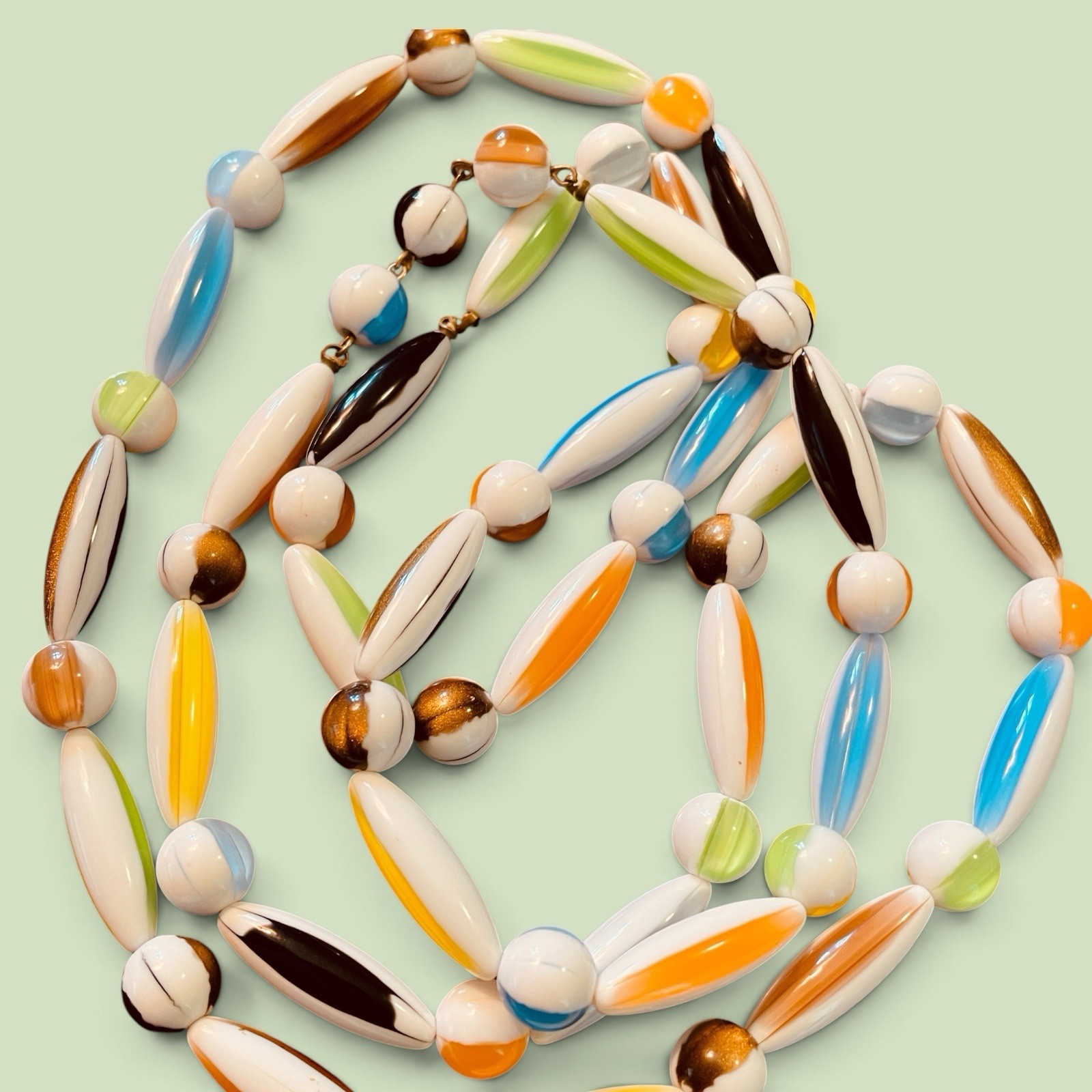 1960’s Necklace Mod Multicolor Banded Round & Elongated Beads 42″ Strand Estate