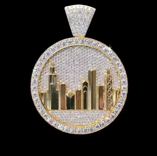Men’s Medallion Charm Pendant 2.20Ct Round Cut Moissanite 14k Yellow Gold Plated