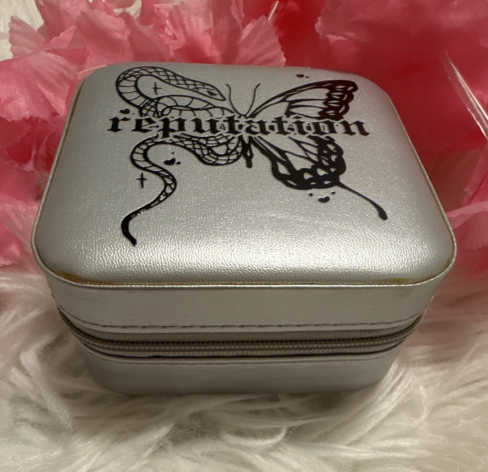 Zip-Around Travel Jewelry Case Organizer Faux Leather Silver/Black Square