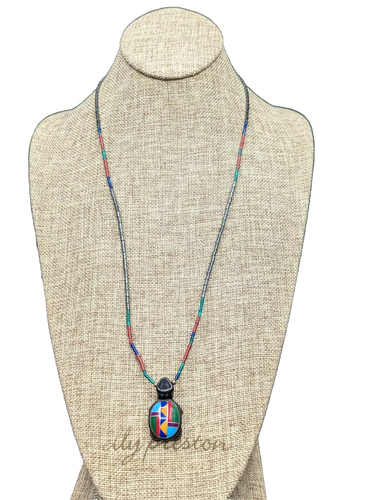 Multi Color Inlay Black Stone Carved Turtle Southwestern Beaded Necklace 25″
