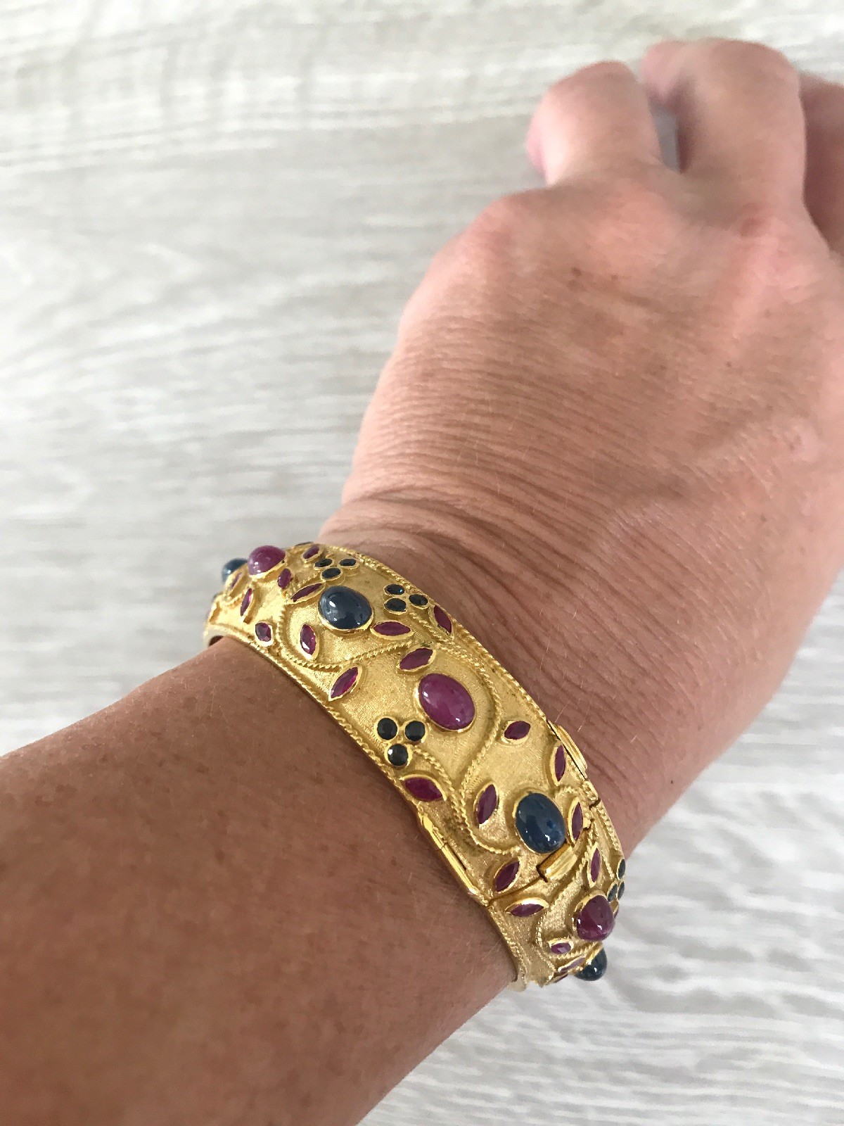 18k Ruby Sapphire Flower Bangle Bracelet w GIA Appraisal $15,895. 14.88 Carats.