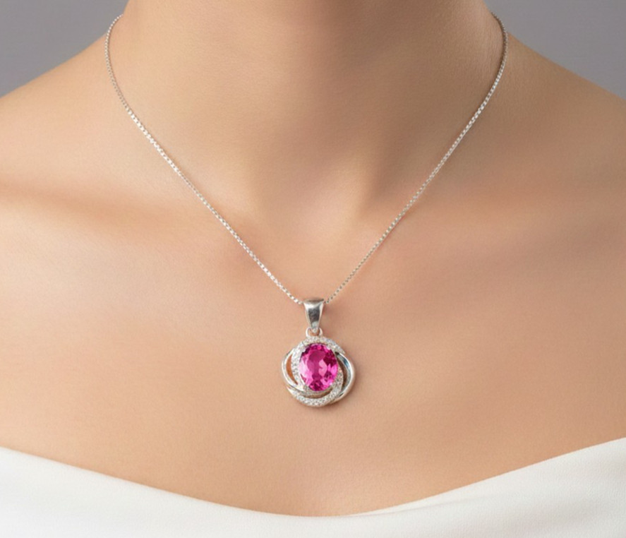 Natural Pink Tourmaline Gemstone Zircone Pendant 925 Sterling Silver Jewelry