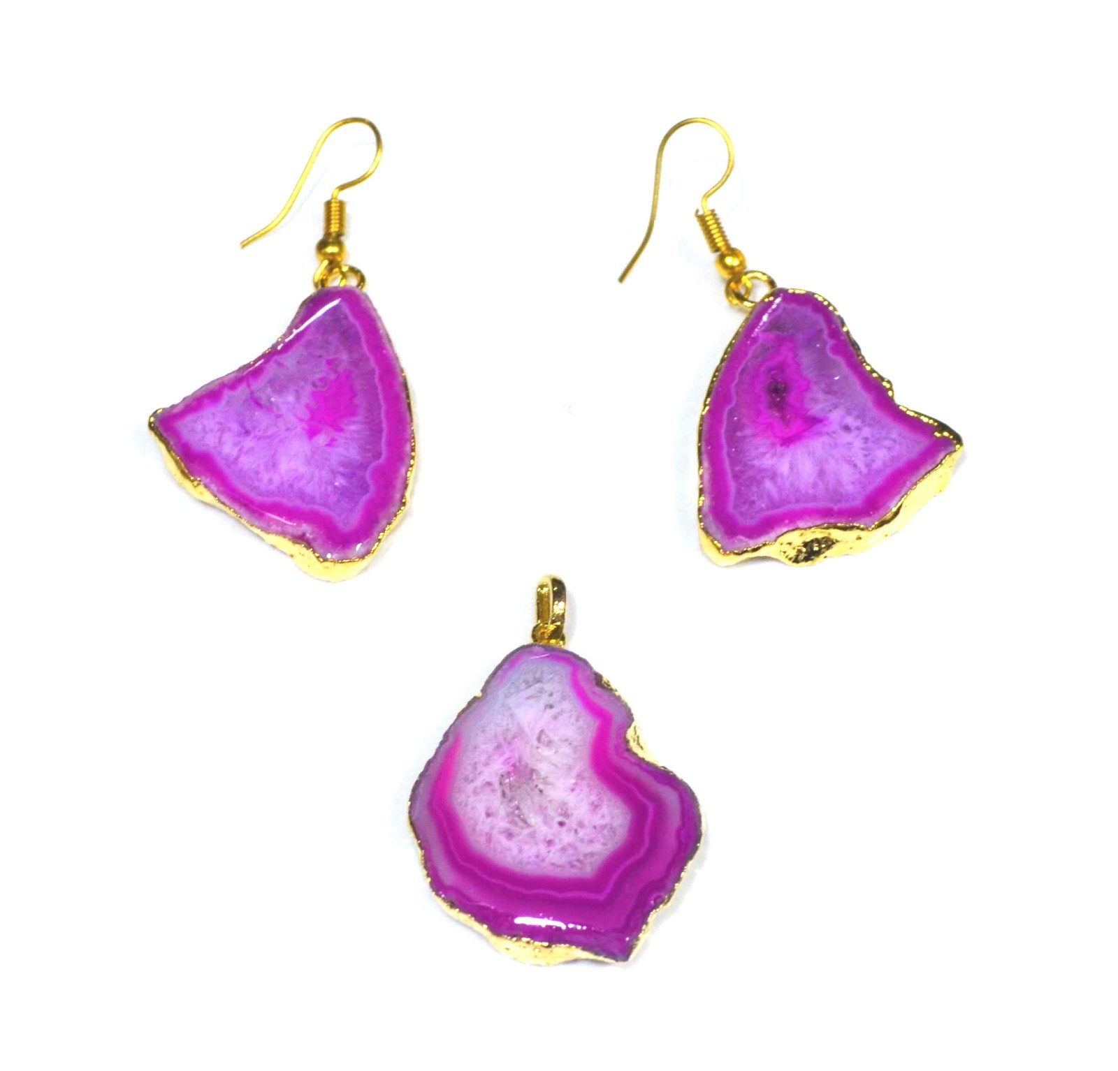 116 Ct. Gold Electro Plated Pink Agate Gemstone Pendant Earrings Set-A587