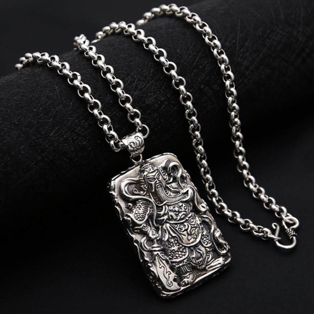 Pure S925 Sterling Silver Men Women Carved Dragon Guangong Oblong Pendant 34-35g