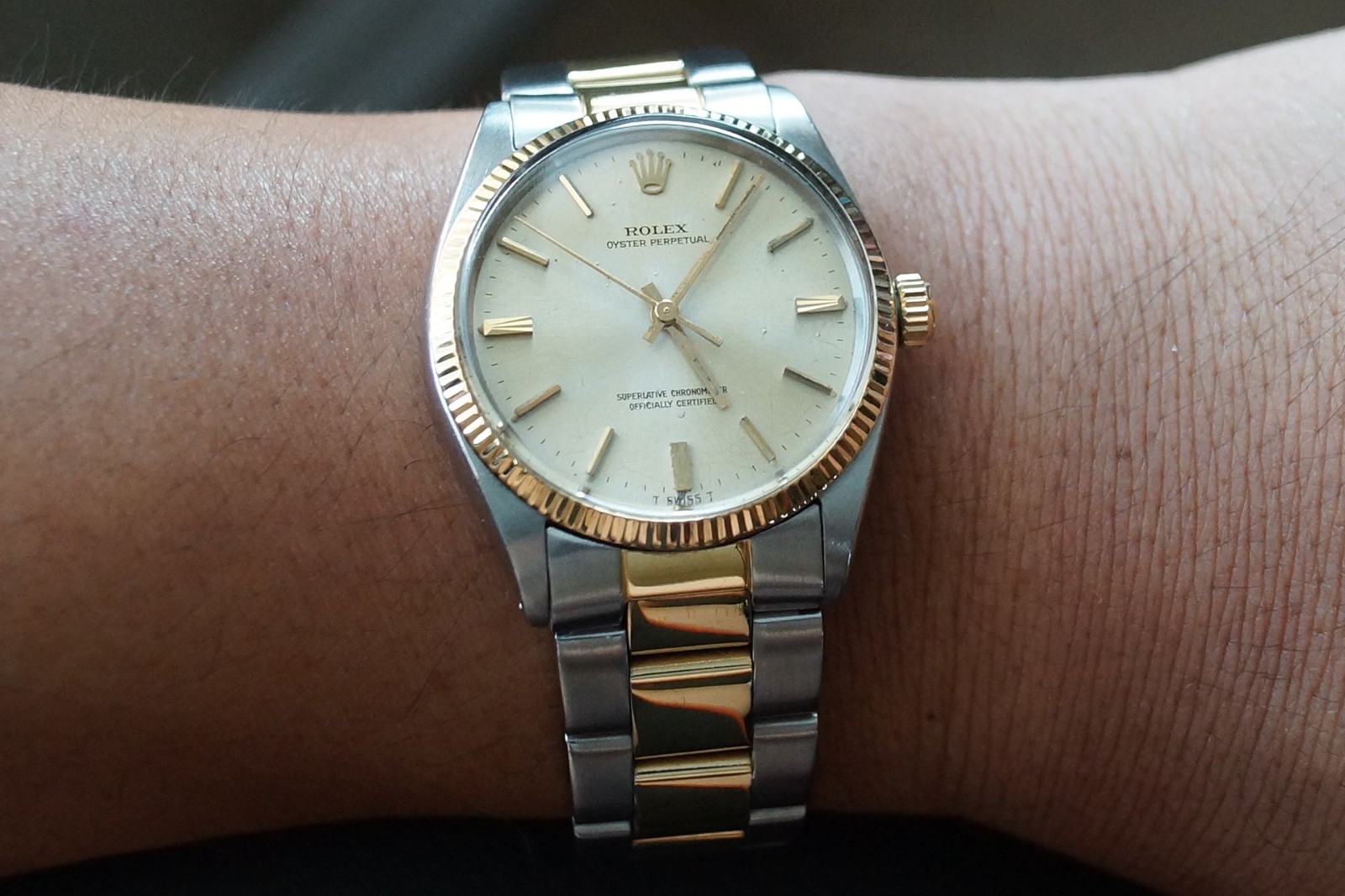 Men’s Rolex Oyster Perpetual 18K 34mm 6.5″ Ref.#1005 Gold Dial Fluted Bezel