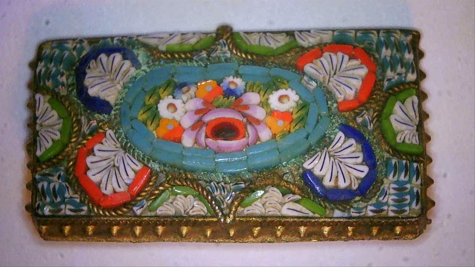 Vintage Italy Micro Mosaic Floral Brooch Pin Rectangular Multicolor 8.05g