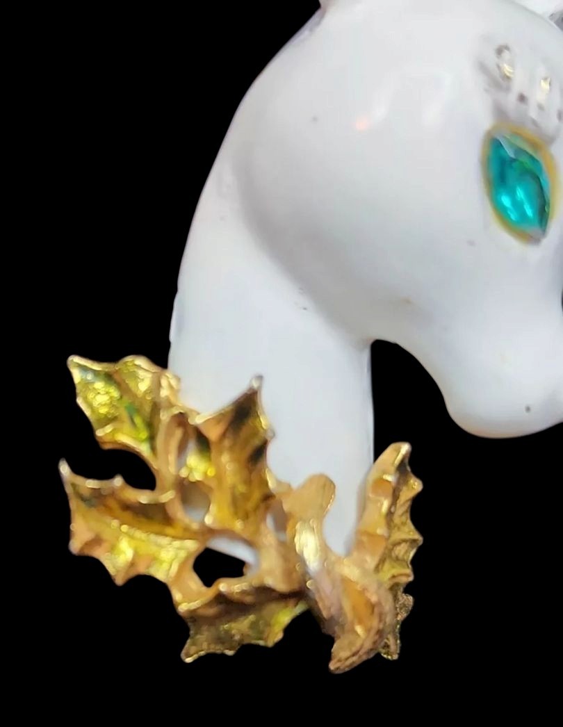 Vtg ART Arthur Pepper White Enamel Rudolph Jeweled Eye Brooch 1950s Christmas
