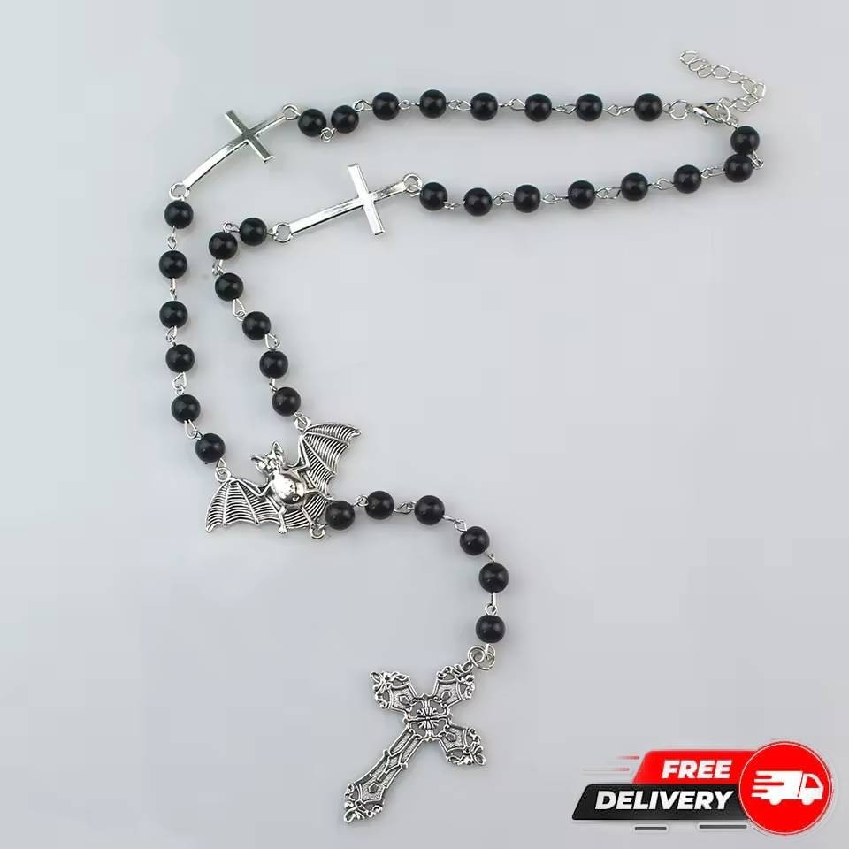 Bat Rosary Cross Necklace Gothic Goth Punk Alternative Jewelry