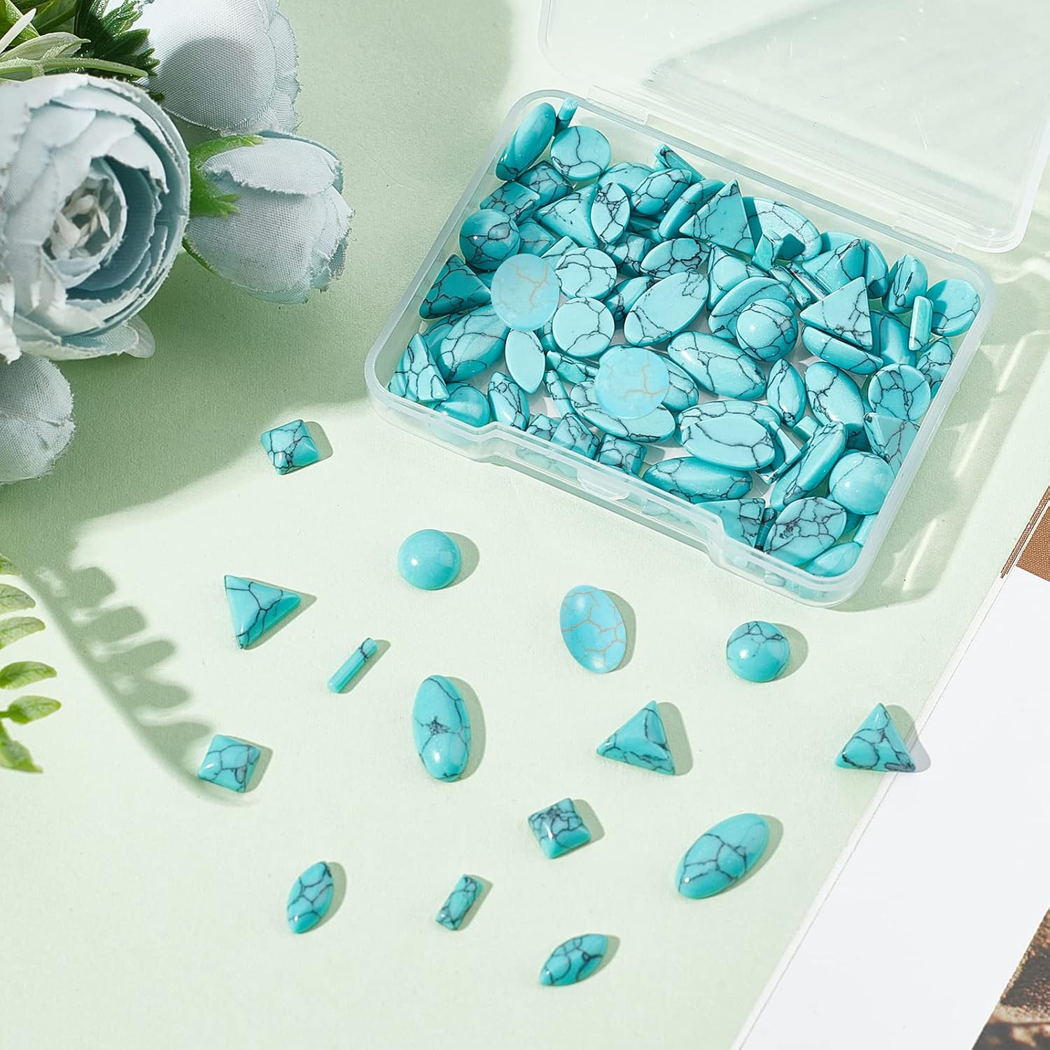 96Pcs Stone Cabochons, 8 Shapes Blue Texture Gemstone Tiles Column Square Bead H