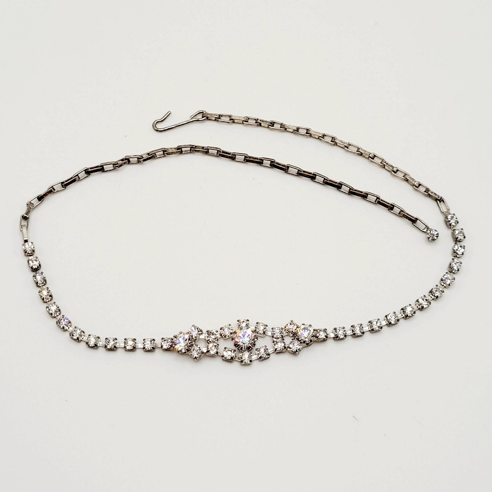 Dainty Rhinestone Choker Collar Art Deco Eye Part Chain Vintage Necklace 15 Inch
