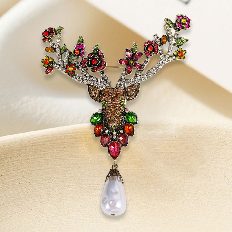 Colorful Crystal Deer Brooch Pin Christmas Reindeer Rhinestone Pearl Lapel Pin G