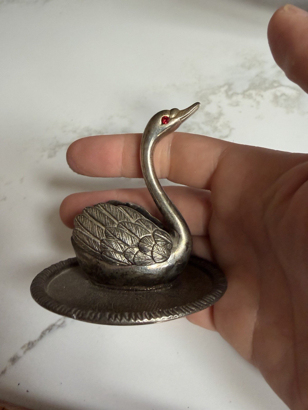 Vintage Silver Plated SWAN RING HOLDER EP Zinc Alloy Silver Crazy red eyes!!