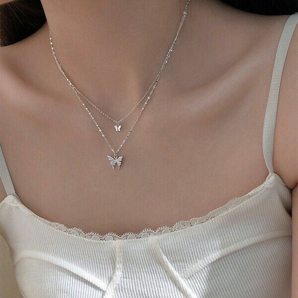 925 Silver Double Layer Butterfly Pendant Clavicle Chain Necklace Womens Jewelry