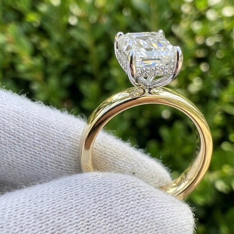 Lab Grown Diamond 4.20Ct EMERALD-Cut HIDDEN HALO Wedding Ring EF 14K YELLOW GOLD