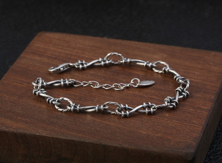 Solid 925 Silver Barbed Wire Style Bracelet Oxidized Thai Silver Punk Jewelry