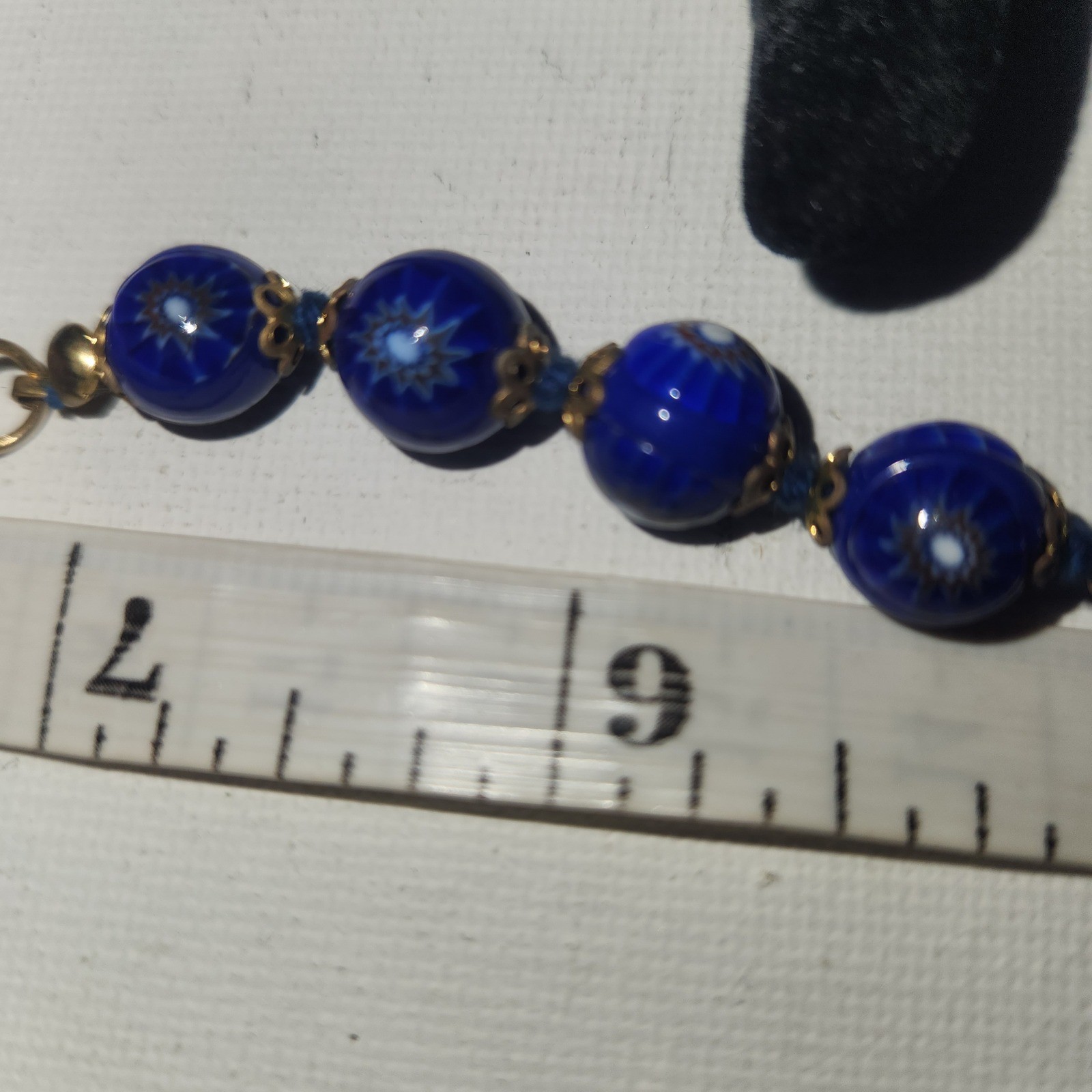Vintage Venetian Millefiori Glass Bead Bracelet Cobalt Blue Gold Tone 7Inch