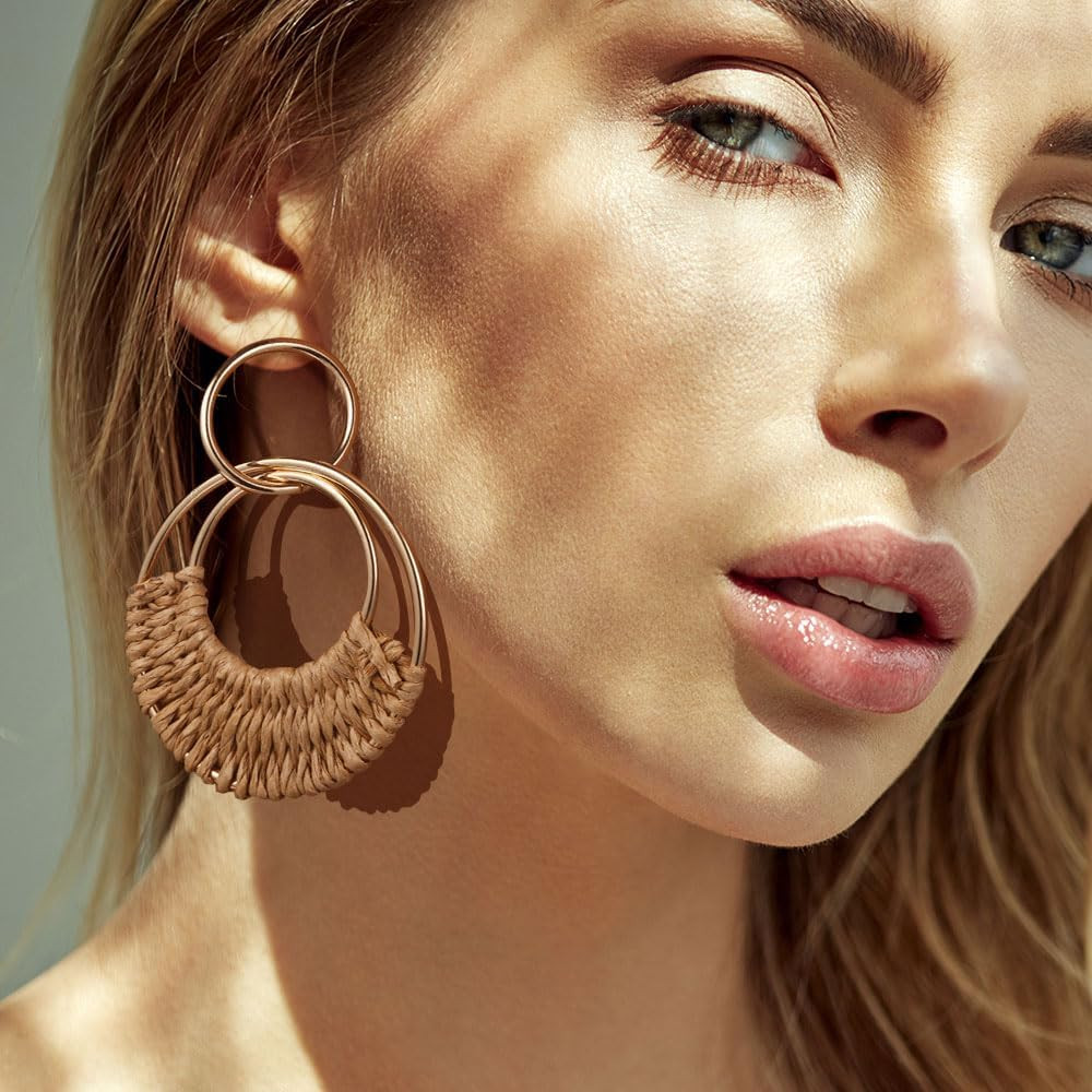 4 Pairs Handmade Raffia Rattan Bohemian round Drop Dangle Earrings for Women, Bo