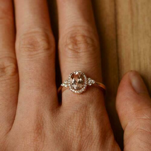 14K Rose Gold Finish 2Ct Simulated Peach Morganite Diamond Halo Engagement Ring