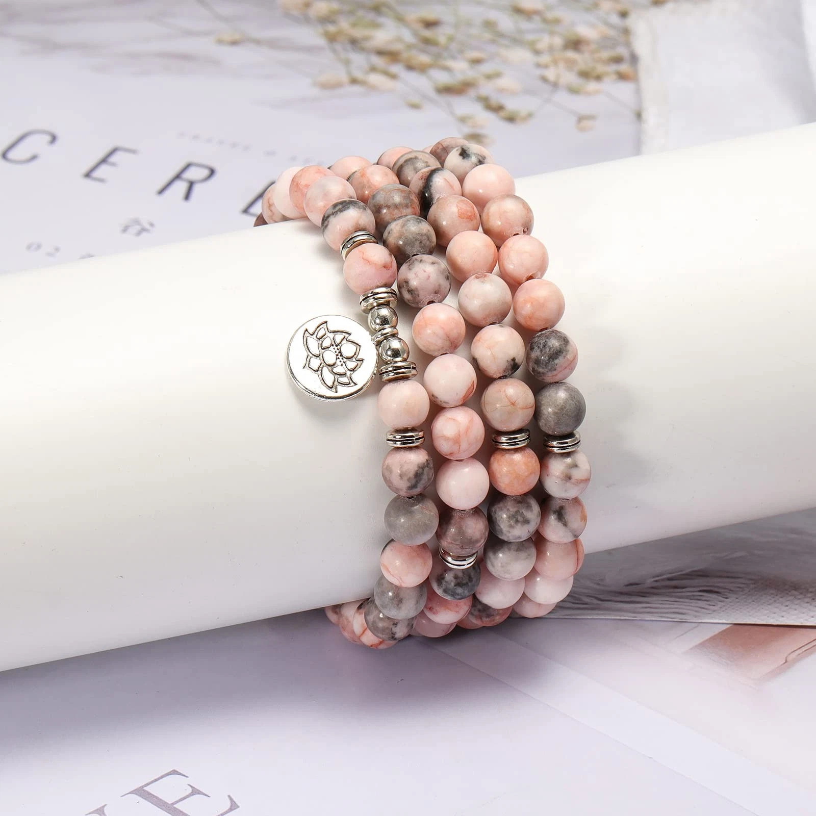 108 Mala Beads Wrap Bracelet Necklace 8mm Yoga Stretch Natural Stone Lotus Charm