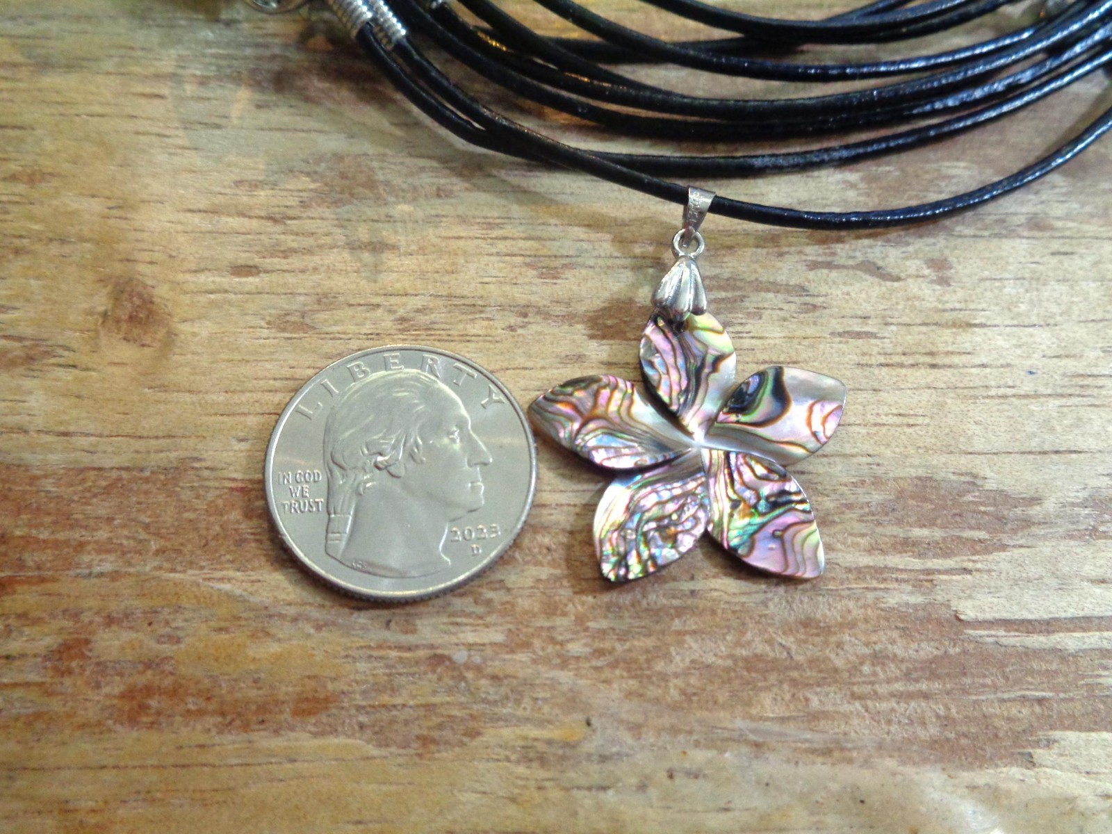 30MM CARVED PAUA ABALONE SHELL HAWAIIAN PLUMERIA PENDANT LEATHER NECKLACE 18″ #1