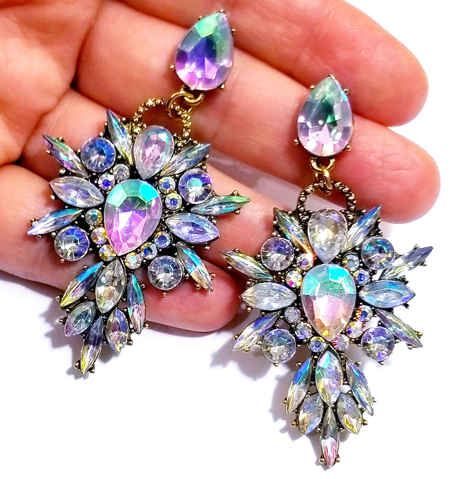 Chandelier Earrings AB Rhinestone Crystal 2.8 in