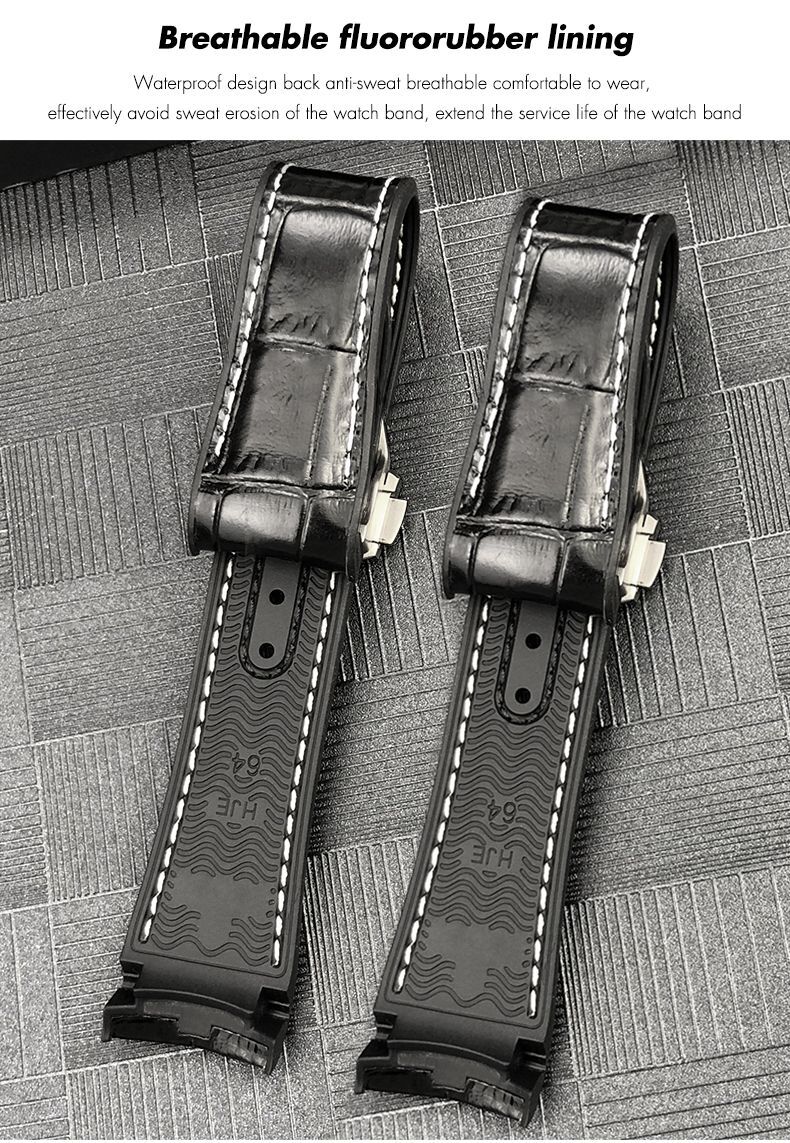Fits Omega Semaster Planet Ocean 600 Black Leather Strap Rubber Lining Band 21mm