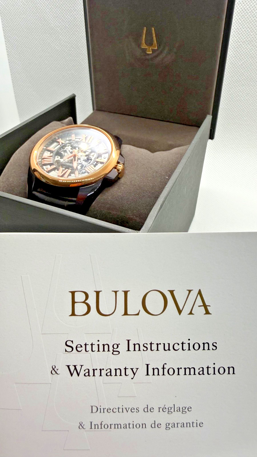 Bulova Automatic Skeleton Rose Gold Brown Leather Strap Open Heart Full Set