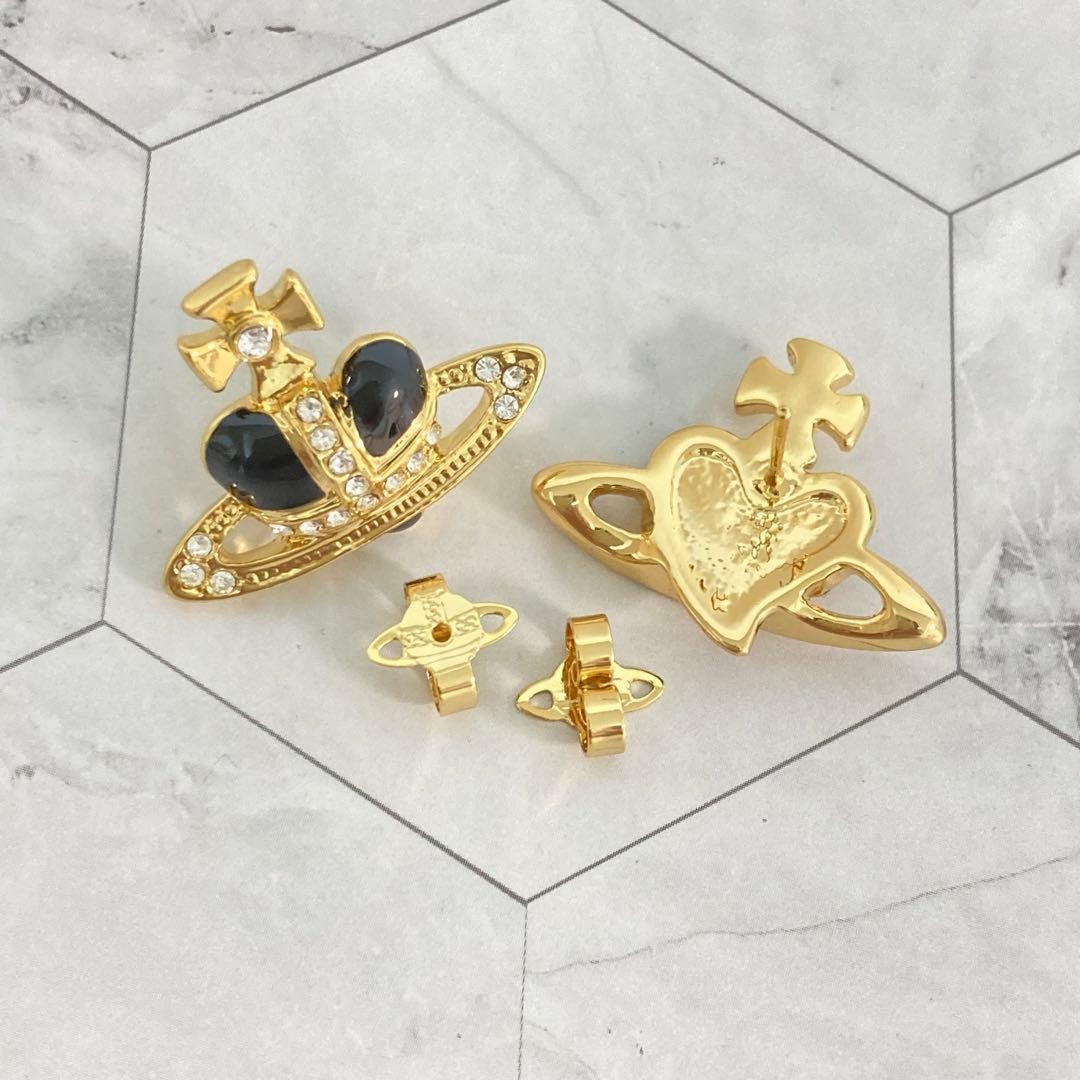 Vivienne Westwood Earrings Pierce Diamante Heart Gold Black 2.5 cm w/drawstring