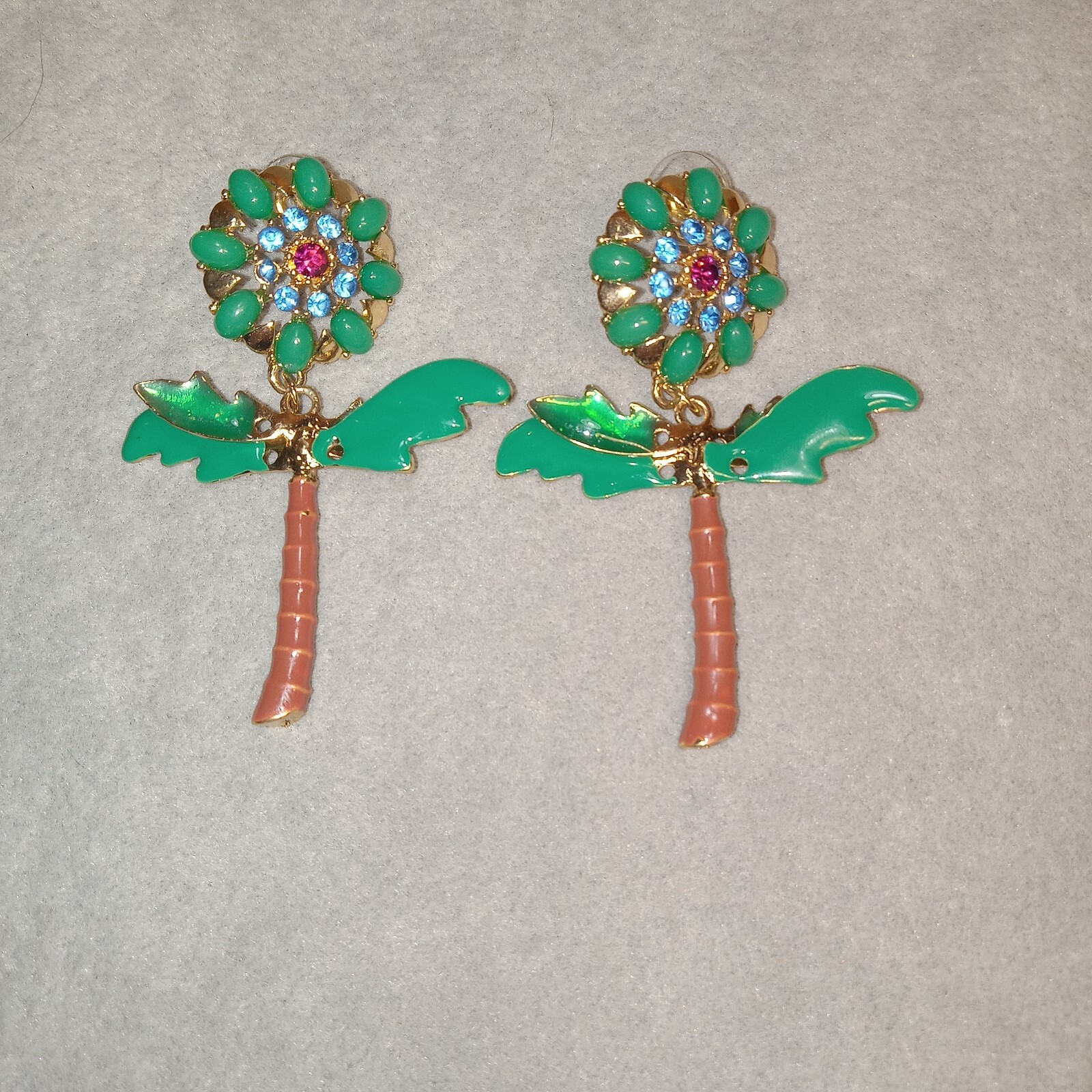 Palm Tree Flowe Jewelry Stateme Earrings Rhinestone Enamel Unique Rare Tropical