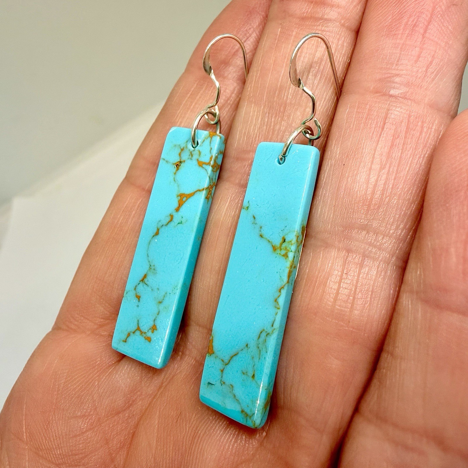 Navajo Turquoise Dangle Slab Earrings Sterling Silver 2.” Native American