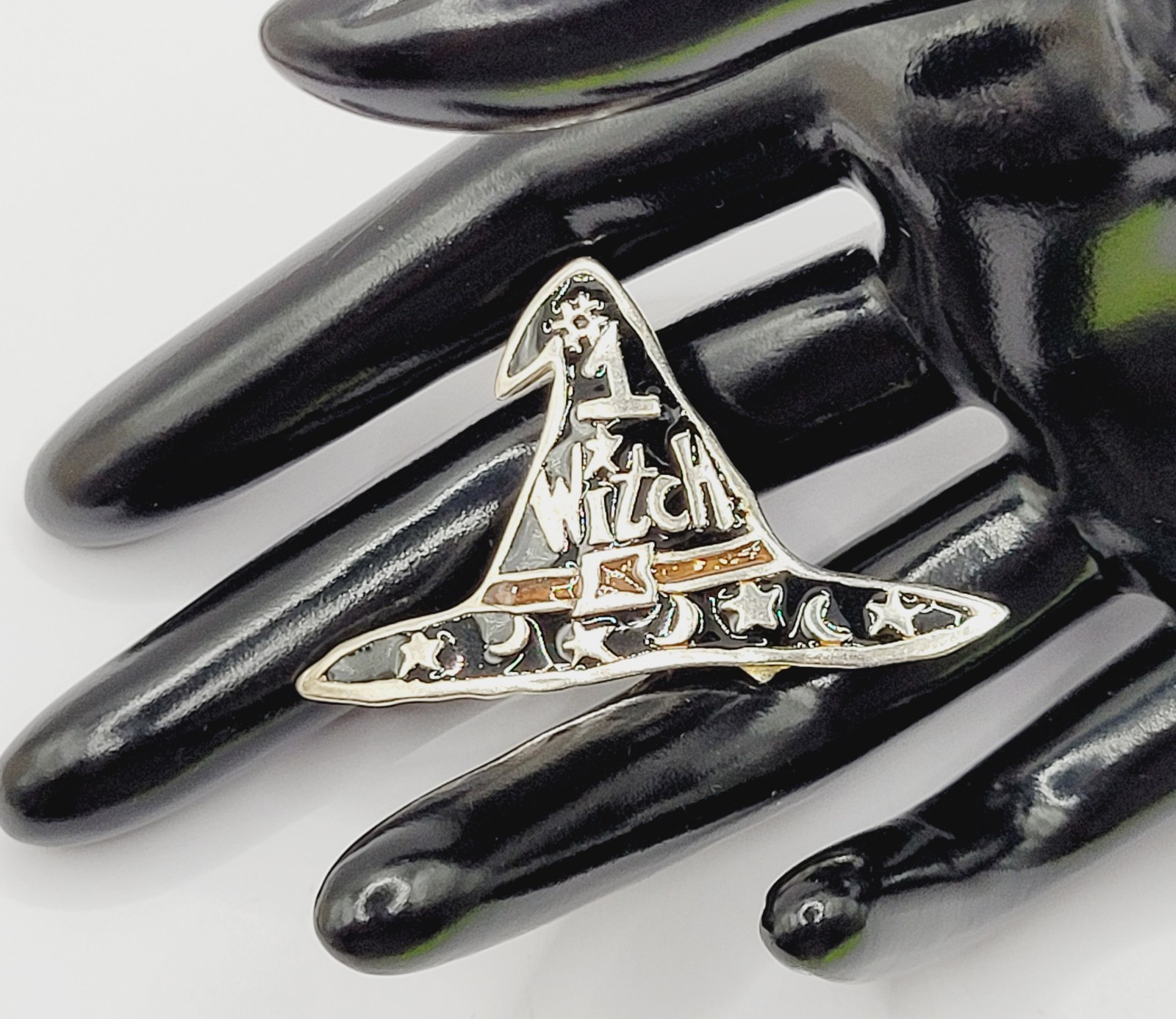 Number 1 Witch Black Witches Hat Metal and Enamel Halloween Vintage Brooch Pin