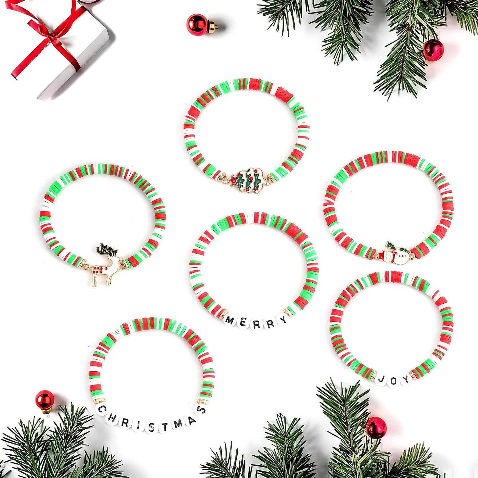 Christmas Bracelets Set, Beaded Holiday Jewelry, Joy Merry Christmas Charms