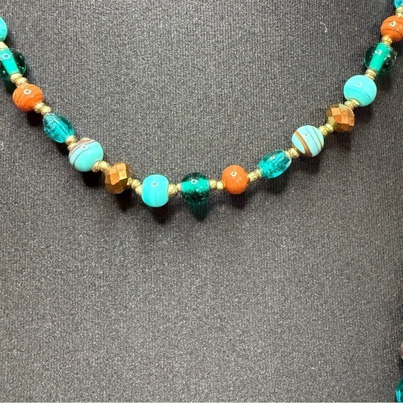 Turquoise Amber Teal Glass Beaded Long Multi Strand Bohemian Necklace Gold Tone