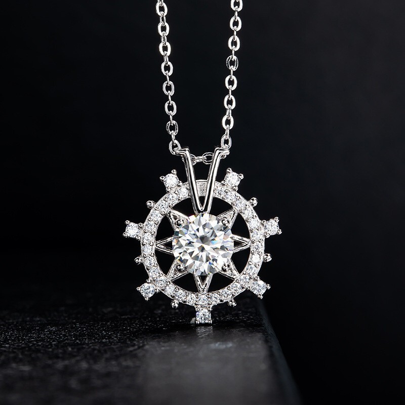 Gorgeous Wheel Shape Pendant Round Cut Simulated Diamond 14K White Gold Plated