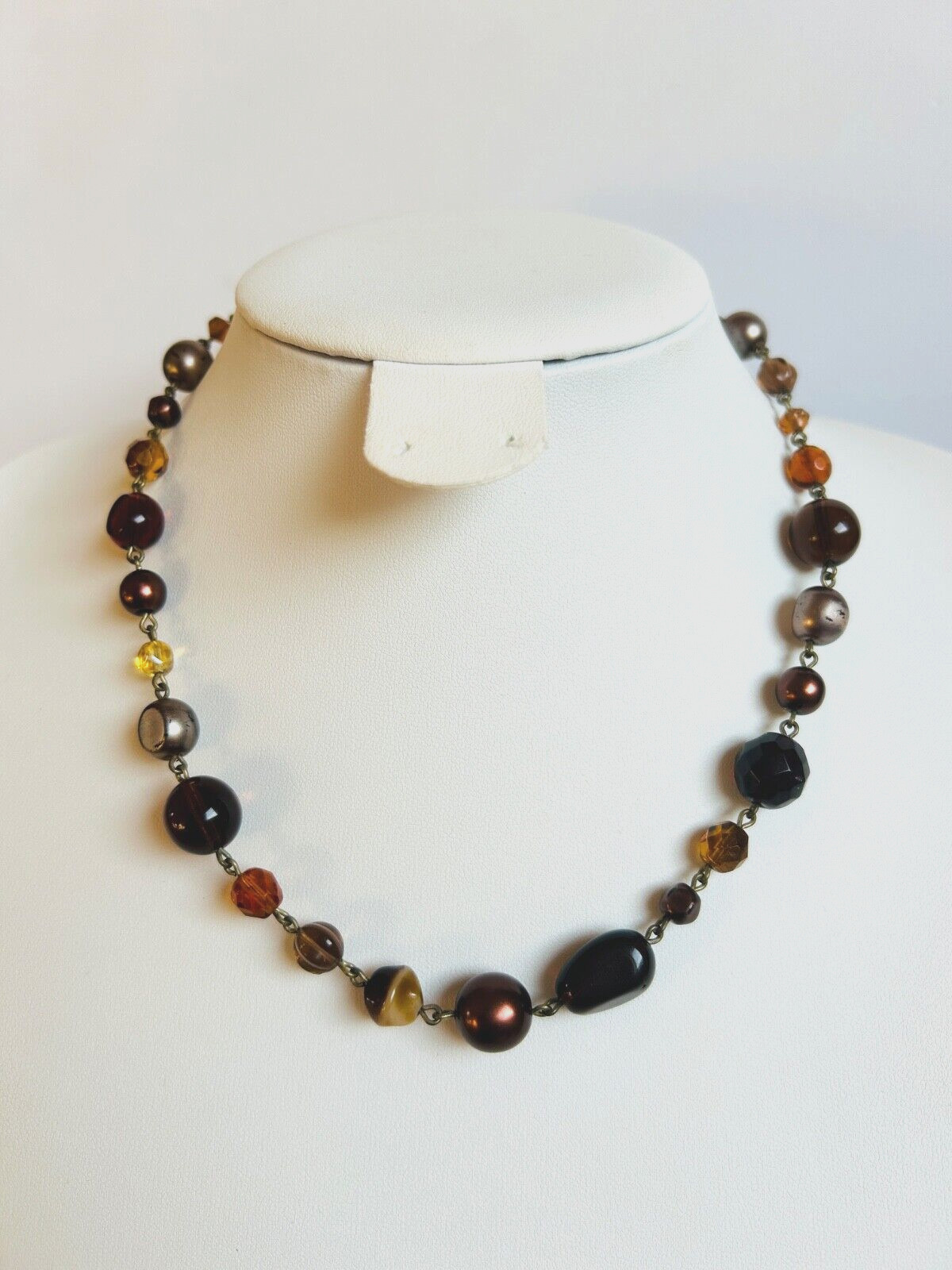 M&S Glass Beads Brown Amber Gray Tones Necklace Vintage – Jewellery