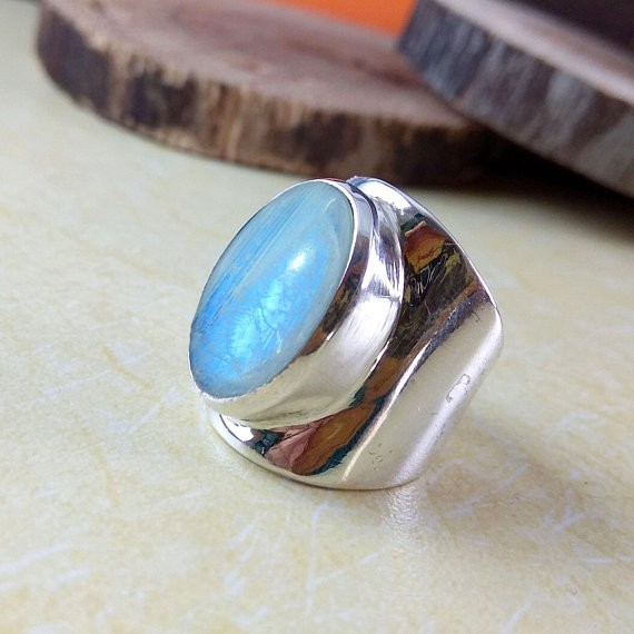 Solid 925 Sterling Silver Natural Rainbow Moonstone Gemstone Men’s Unisex Ring