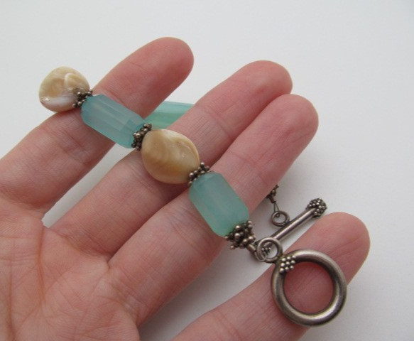 Sterling Silver Aqua Chalcedony & Pearl Natural Stone 13.25mm Toggle Bracelet