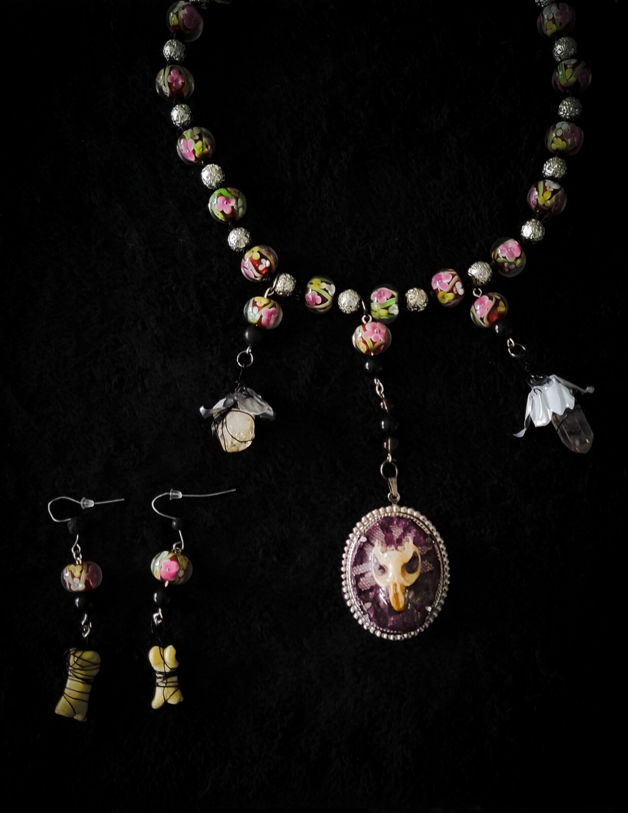 Handcrafted Necklace, Earring Set- Upcycled Vintage Beads, Animal Bones, Quartz