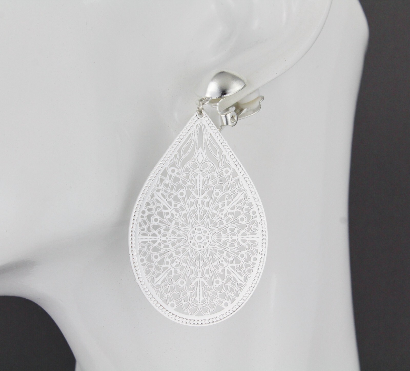 Silver Clip On earrings filigree teardrop pendant clips lightweight 2.5″ long