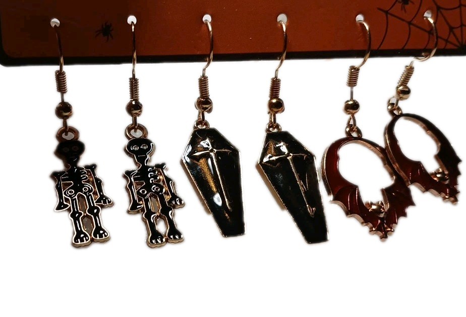 Halloween Fun! Set Of 3 Dangling Enameled Goldtone Earrings, All Ages,