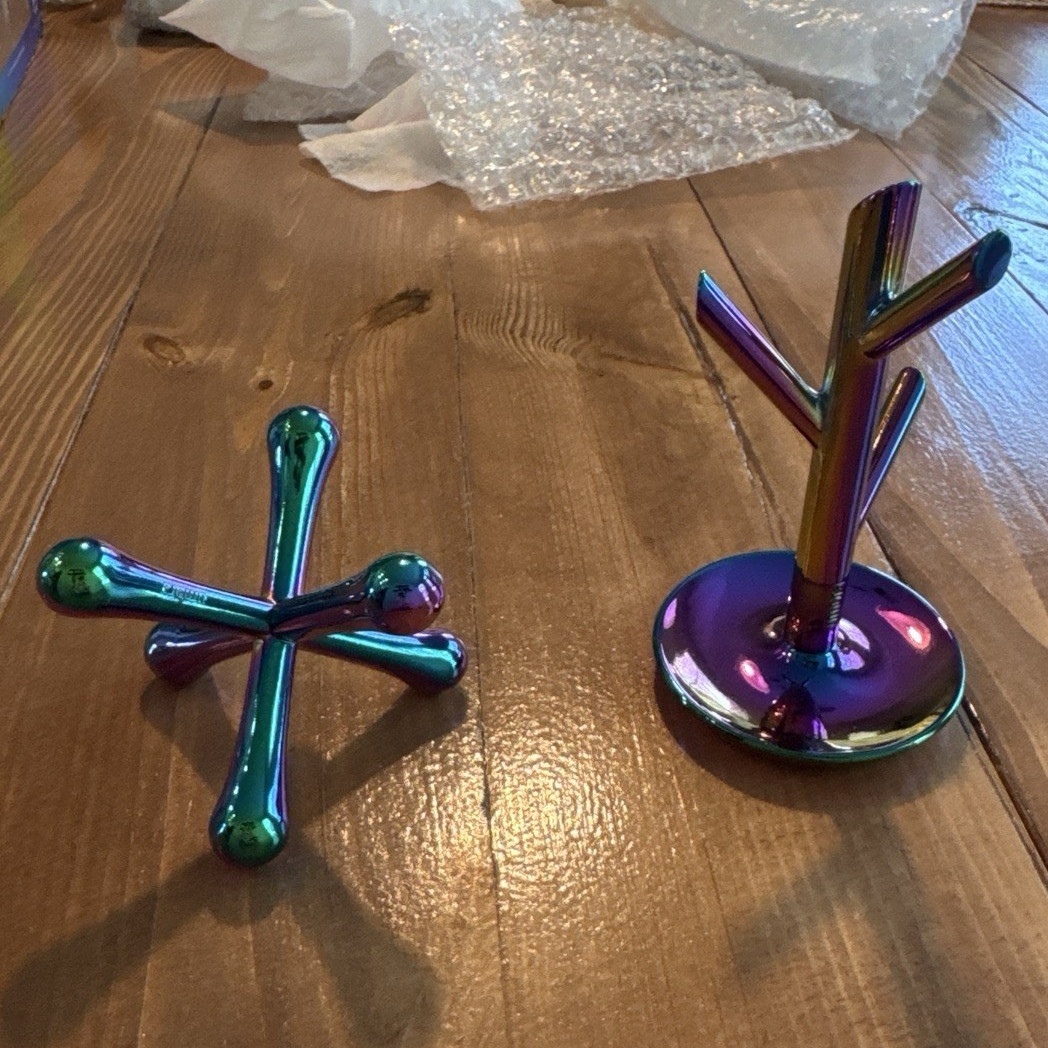 2pc Iridescent Multicolor Art Glass Cross Sculptures, Freestanding Decor